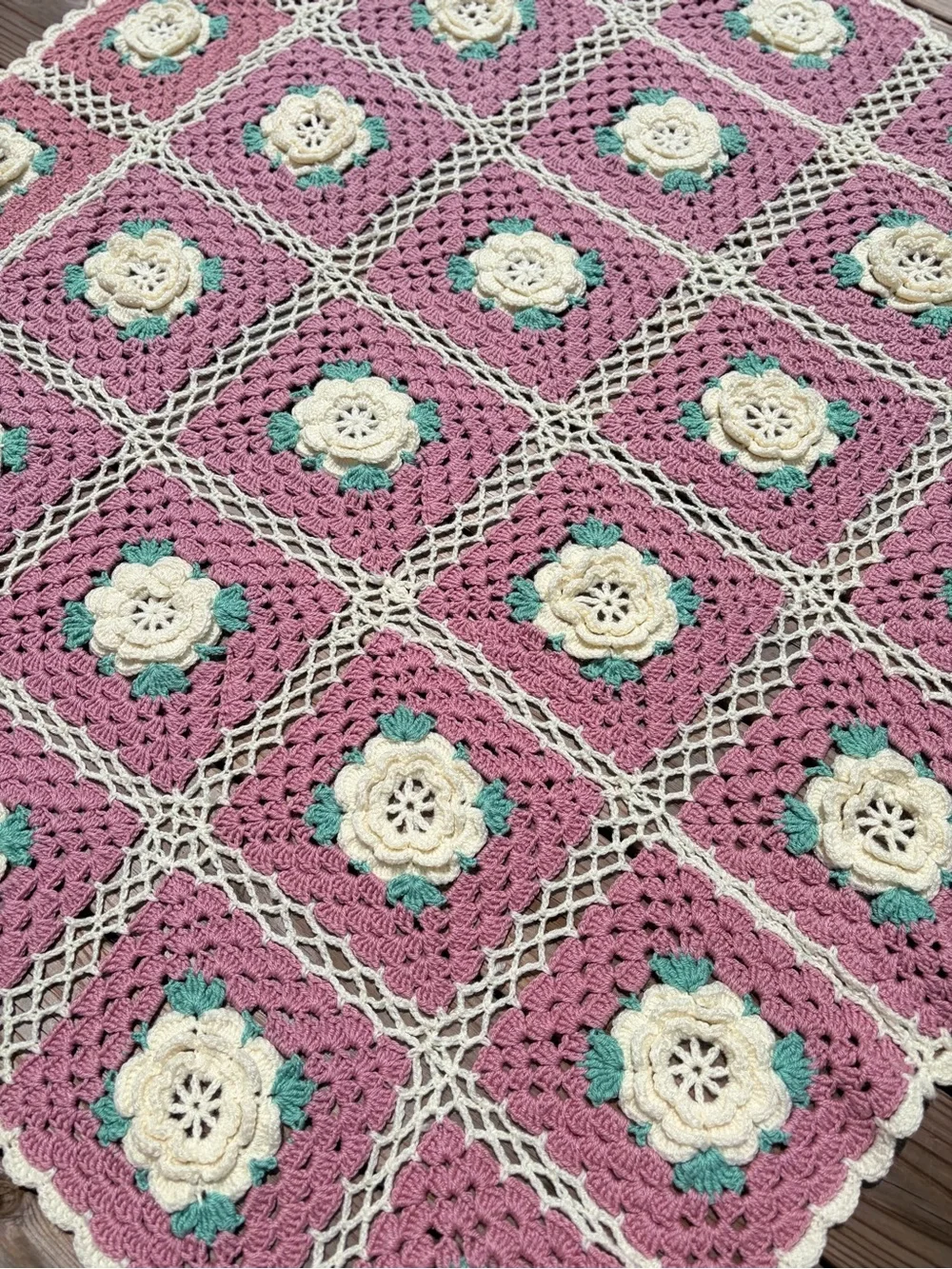 Vintage Crochet Blanket Pink Floral Granny Square Throw 52x60 Cottagecore